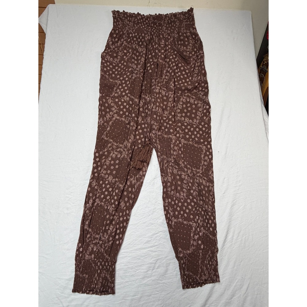 Easel Los Angeles Brown Paisley Smocked Waist Tassel Jogger Pants Womens Medium